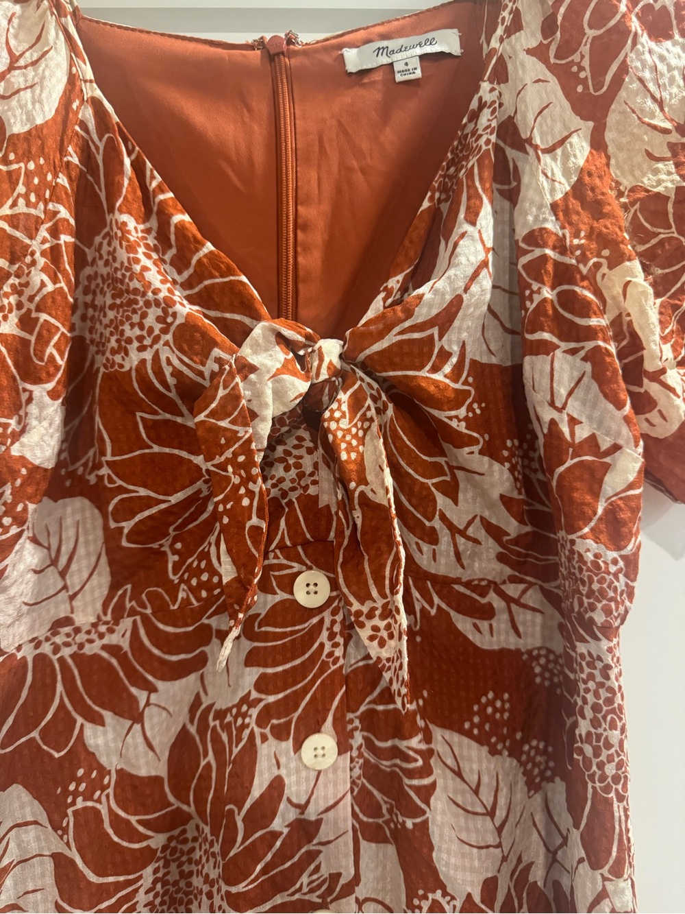 Madewell Silk Rust and Cream Floral Tie-Front Mini Dress - Picture 5 of 6